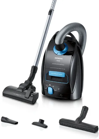 SIEMENS Bodenstaubsauger Q 5.0 extreme silencePower VSQ5X1232, Made in Germany, Hygiene-Filter, mit Beutel, hohe Saugkraft, integriertes Zubehör, langes Kabel, leise, schwarz