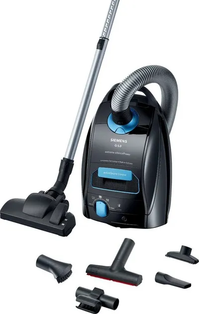 SIEMENS Bodenstaubsauger Q5 extreme silencePower VSQ5X500, ideal für Allergiker, Hygiene-Filter, 650 W, mit Beutel, Starke Saugleistung, XXL-Polsterdüse, langes Kabel, schwarz