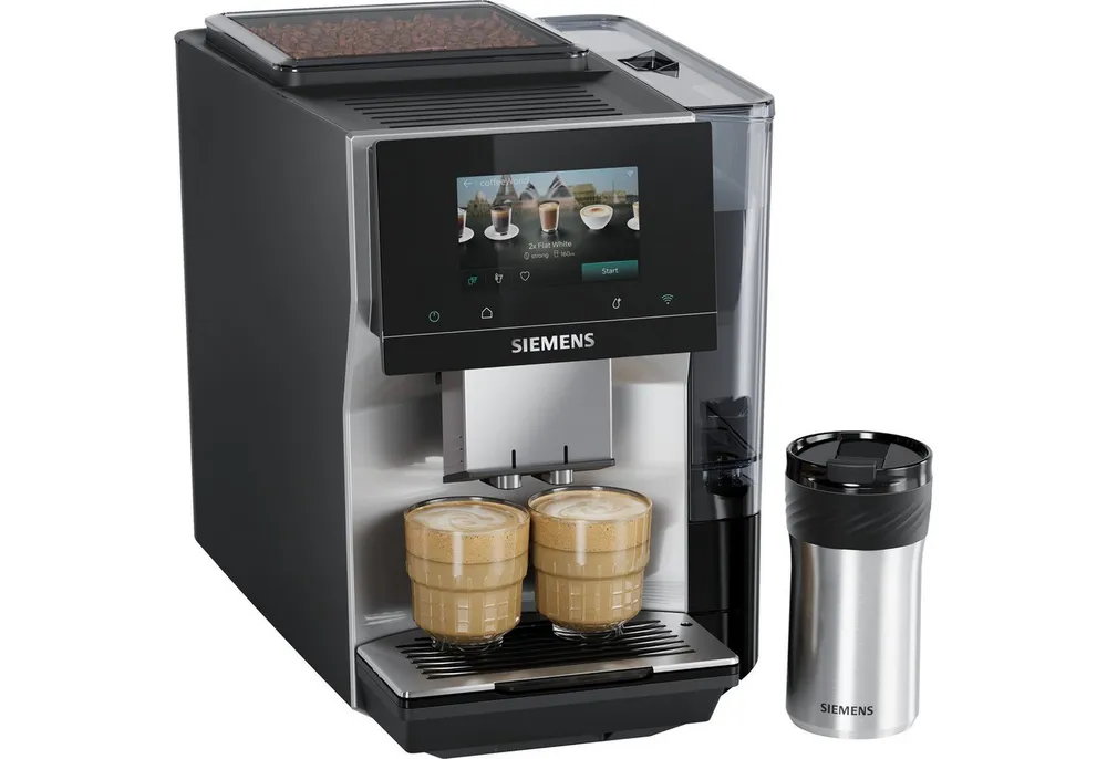 SIEMENS Kaffeevollautomat EQ700 TP725ET7, inkl. Thermo-Kaffeebecher, XL-Getränke, 20 Favoriten, farbiges Full-Touch-Display, Doppeltassenfunktion, sehr leise, silber