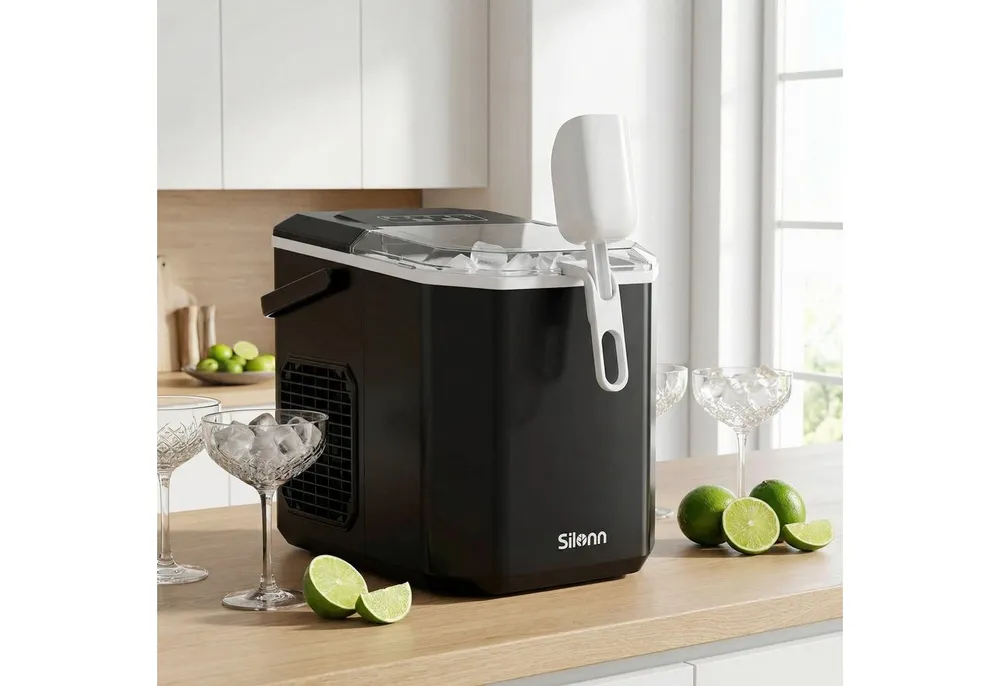 Silonn Eiswürfelmaschine 9 Würfel in 6 Min, 12 kg/Tag, 2 Eisgrößen, Eiswürfelbereiter, Tragbar, Selbstreinigend, Energiesparend, ≤ 45 dB - Für Haushalt, Camping