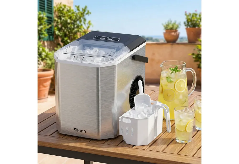 Silonn Eiswürfelmaschine 9 Würfel in 6 Min, 12 kg/Tag, 2 Eisgrößen, Eiswürfelbereiter, Tragbar, Selbstreinigend, Energiesparend, ≤ 45 dB - Für Haushalt, Camping