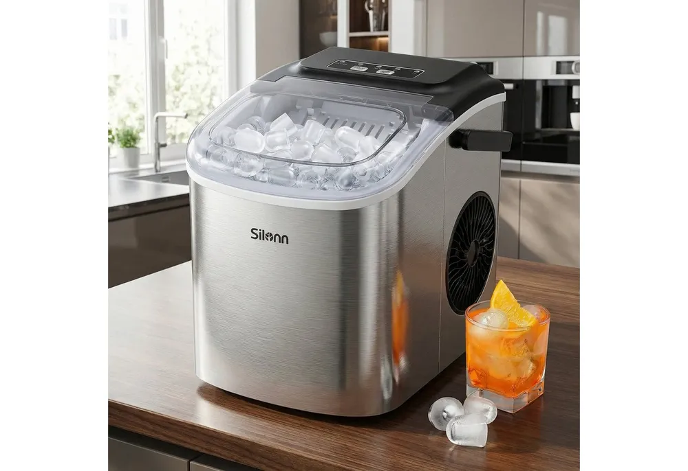 Silonn Eiswürfelmaschine Eiswürfelmaschine kompakt, 2 Eisgrößen, Selbstreinigung, tragbar, 6-minütige Eisherstellung