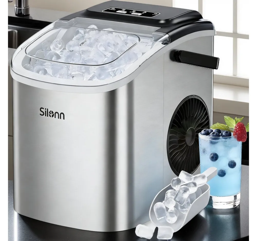 Silonn Eiswürfelmaschine Tragbar Eiswürfelbereiter – 6-minütige Eisherstellung, 2 Eisgrößen, 12kg/Tag, Selbstreinigend, LED-Anzeige – Für Haushalt, Camping & Party