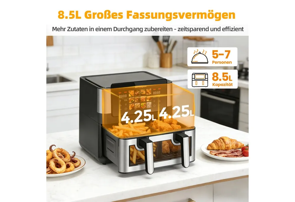 Sinaopus Heißluftfritteuse 2 Kammern, 8.5L Airfryer Doppelkammer Einkammer Verstellbar, 2000 W, Touch Display, Sichtfenster, Silber/Edelstahl, Doppelkammer