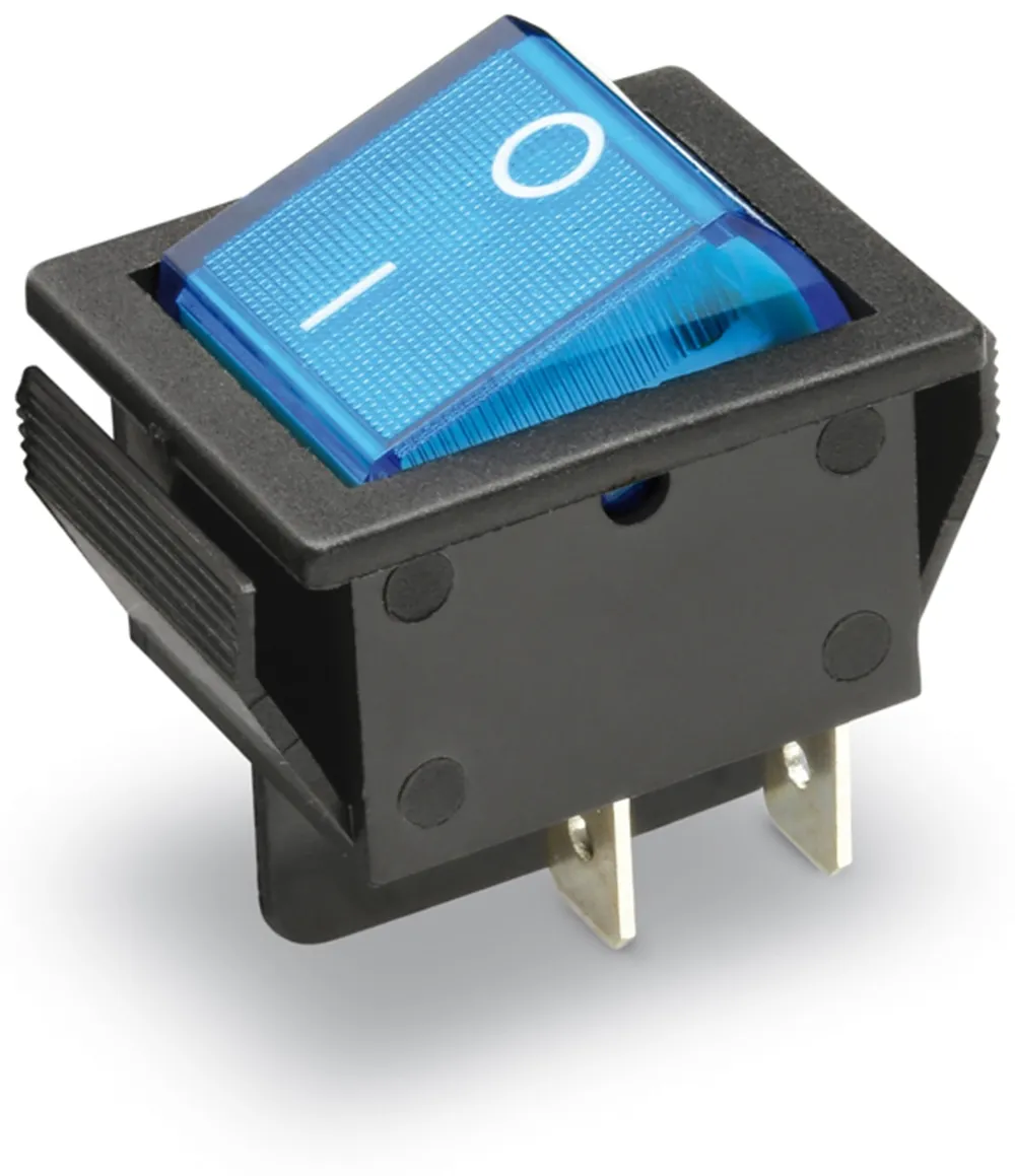 Wippenschalter 2-pol., I-0, blau glimmend, 26x22 mm