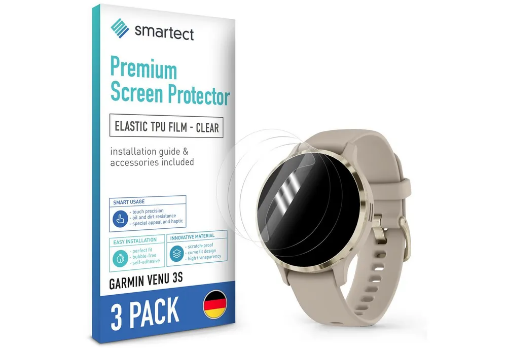 smartect Displayschutzfolie TPU Schutzfolie Klar für Garmin Venu 3S New, Set, 3 Stück, Panzerfolie Bildschirm Displayfolie