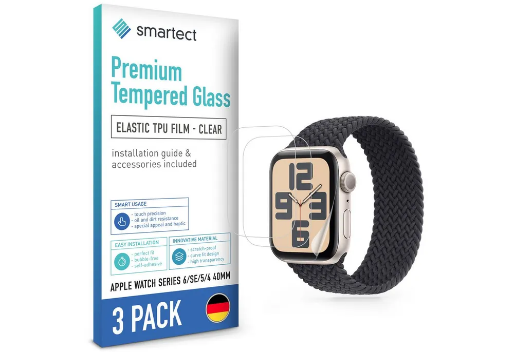 smartect Displayschutzfolie TPU Schutzfolie Klar für Apple Watch Series 6 / SE / 5 / 4 40mm, Set, 3 Stück, Panzerfolie Displayfolie