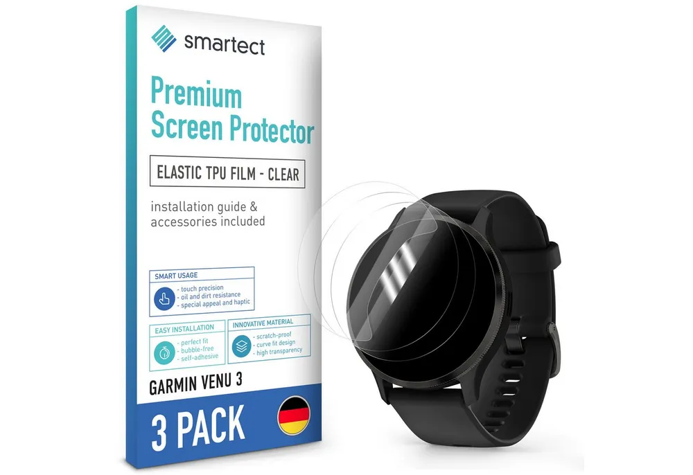 smartect Displayschutzfolie TPU Schutzfolie Klar für Garmin Venu 3, Set, 3 Stück, Panzerfolie Bildschirm Displayfolie
