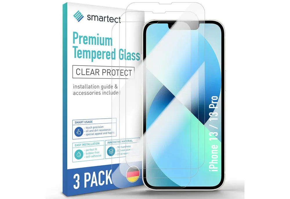smartect Displayschutzglas 3X Schutzglas Panzerfolie Klar für Apple iPhone 13 / 13 Pro für Apple iPhone 13 / 13 Pro, Set, 3 Stück, 0.3 mm Ultra-klar, 9H Härte, Kratzfest, Stoßfest, Blasenfrei, Oleophob