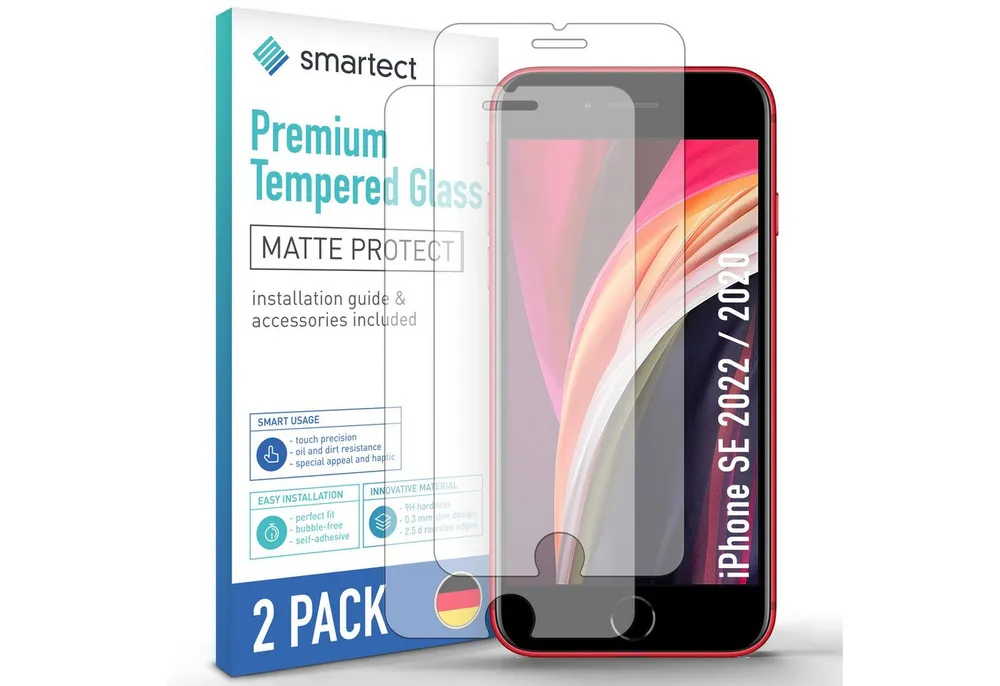 smartect Displayschutzglas Schutzglas Panzerfolie Matt für iPhone SE 2022 / 2020, Set, 2 Stück, Schutzfolie Glasschutz Bildschirm