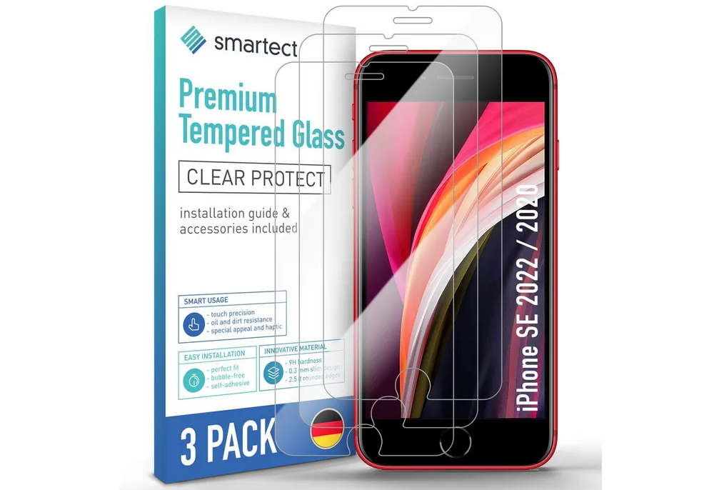 smartect Displayschutzglas Schutzglas Panzerfolie Klar für iPhone SE 2022 / 2020, Set, 3 Stück, Schutzfolie Glasschutz Bildschirm