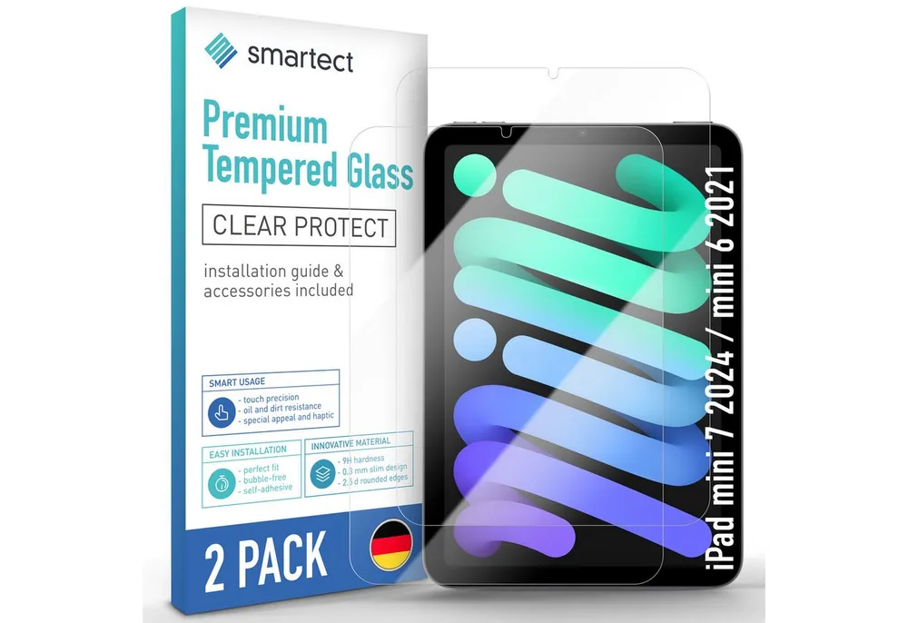 smartect Displayschutzglas Schutzglas Panzerfolie Klar für iPad mini 7 2024 / mini 6 2021, Set, 2 Stück, Schutzfolie Glasschutz Bildschirm