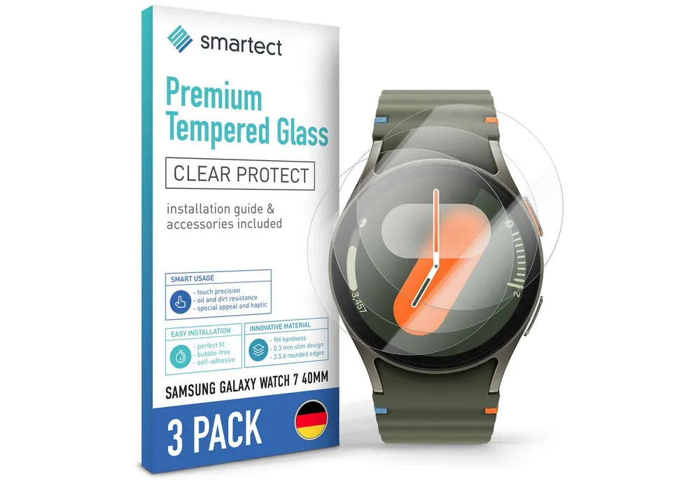 smartect Displayschutzglas Schutzglas Panzerfolie Klar für Galaxy Watch 7 40mm, Set, 3 Stück, Schutzfolie Glasschutz Bildschirm