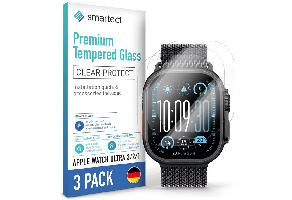 smartect Displayschutzglas Schutzglas Panzerfolie Klar für Apple Watch Ultra 3 / 2 / 1, Set, 3 Stück, Schutzfolie Glasschutz Bildschirm