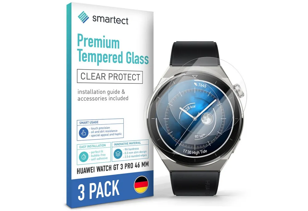 smartect Displayschutzglas Schutzglas Panzerfolie Klar für Huawei Watch GT 3 Pro 46 mm, Set, 3 Stück, Schutzfolie Glasschutz Bildschirm