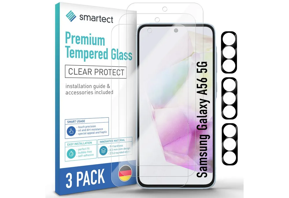 smartect Displayschutzglas Schutzglas Panzerfolie Klar für Galaxy A56 5G, Set, 3 Stück, (Display + Kamera) Schutzfolie Glasschutz