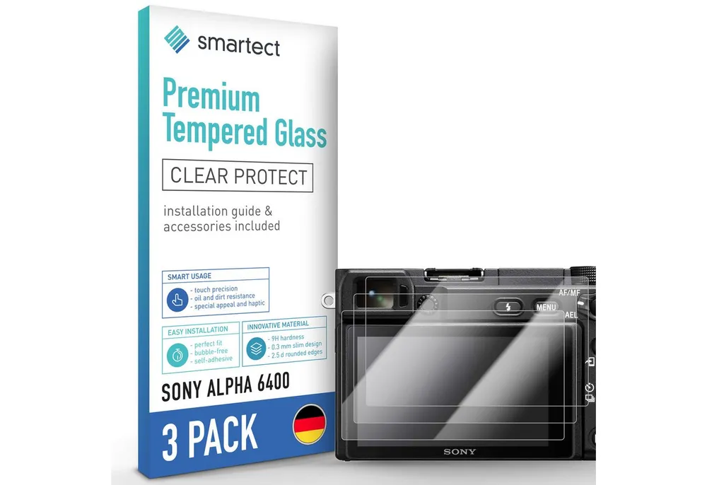 smartect Displayschutzglas Schutzglas Panzerfolie Klar für Sony Alpha 6400, Set, 3 Stück, Schutzfolie Glasschutz Bildschirm