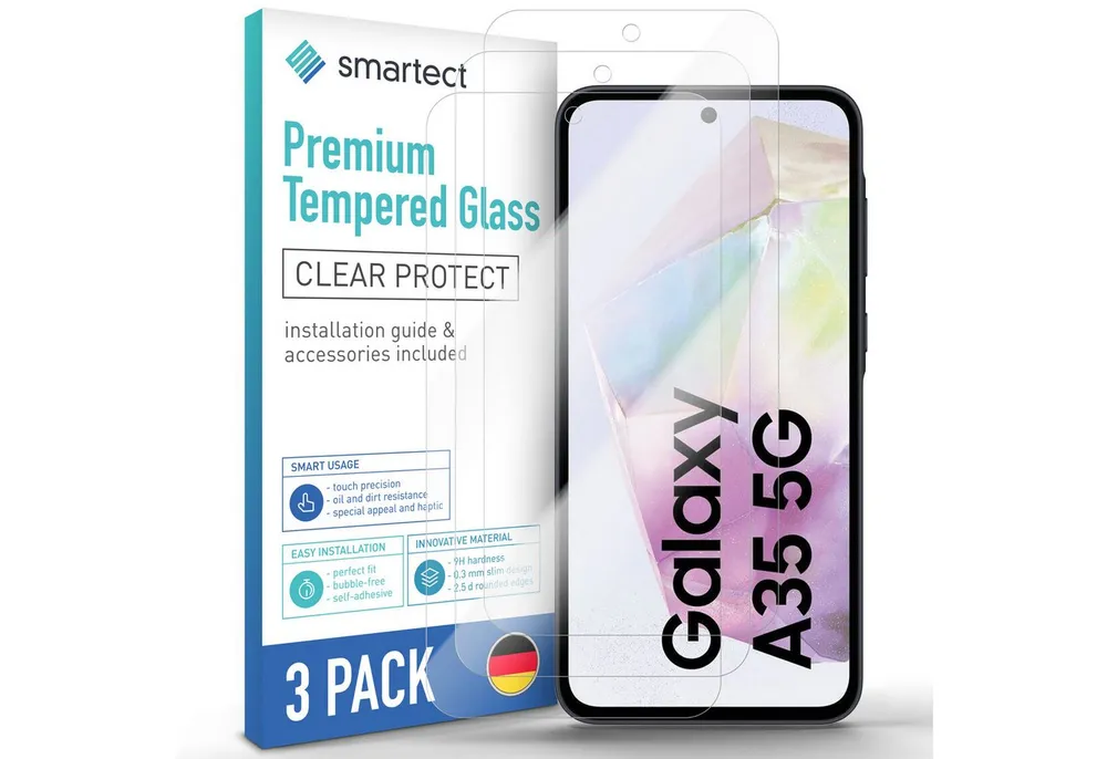 smartect Displayschutzglas Schutzglas Panzerfolie Klar für Samsung Galaxy A35 5G, Set, 3 Stück, Schutzfolie Glasschutz Bildschirm