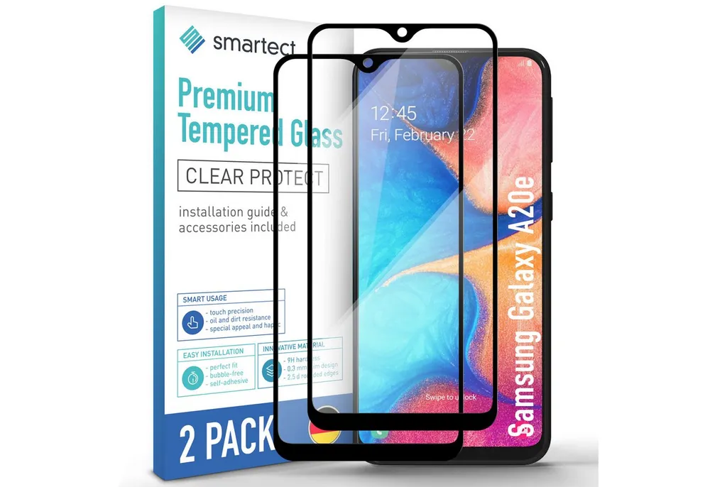 smartect Displayschutzglas Schutzglas Panzerfolie Full Screen für Samsung Galaxy A20e, Set, 2 Stück, Schutzfolie Glasschutz Bildschirm