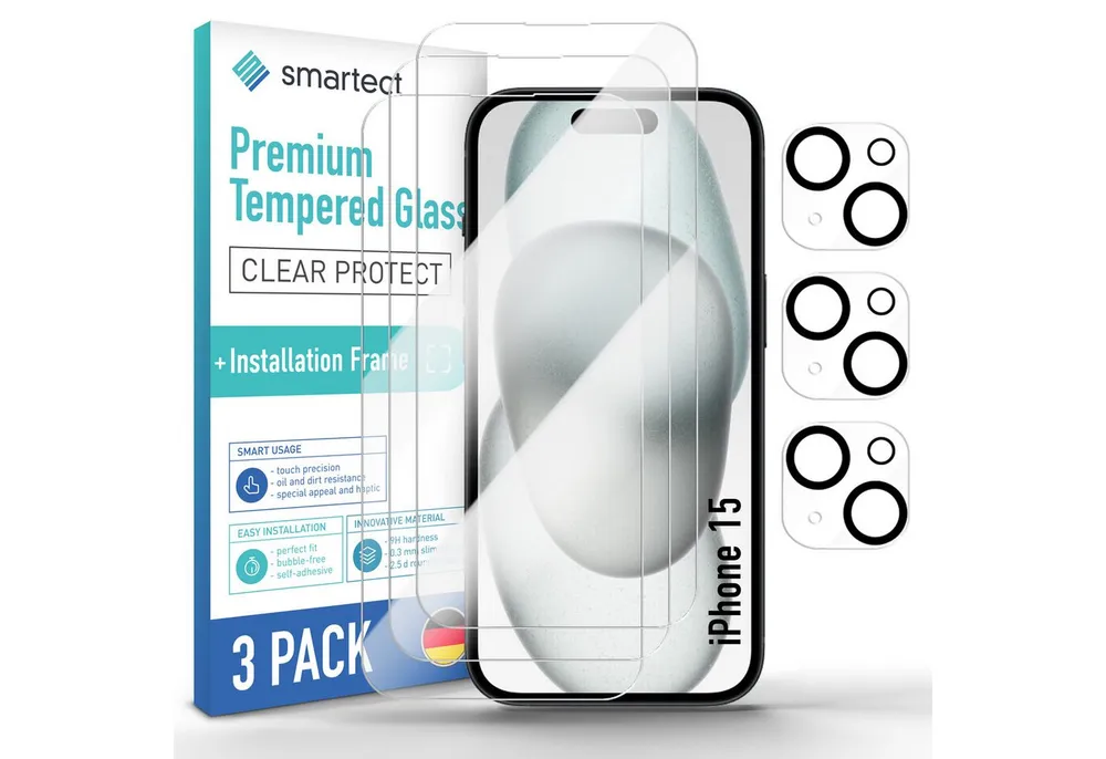 smartect Displayschutzglas Schutzglas Panzerfolie Klar für iPhone 15, Set, 3 Stück, (Display + Kamera) Schutzfolie inkl. Anbringhilfe