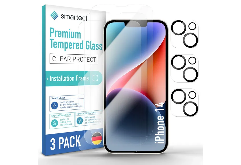 smartect Displayschutzglas Schutzglas Panzerfolie Klar für iPhone 14, Set, 3 Stück, (Display + Kamera) Schutzfolie inkl. Anbringhilfe