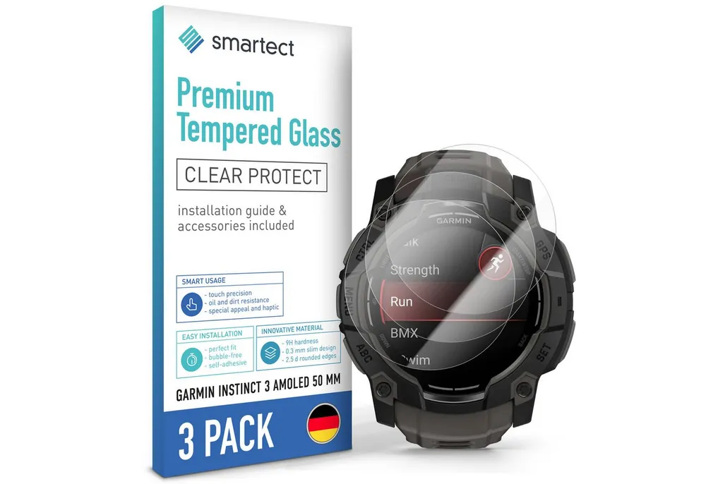 smartect Displayschutzglas Schutzglas Panzerfolie Klar für Garmin Instinct 3 AMOLED 50 mm, Set, 3 Stück, Schutzfolie Glasschutz Bildschirm