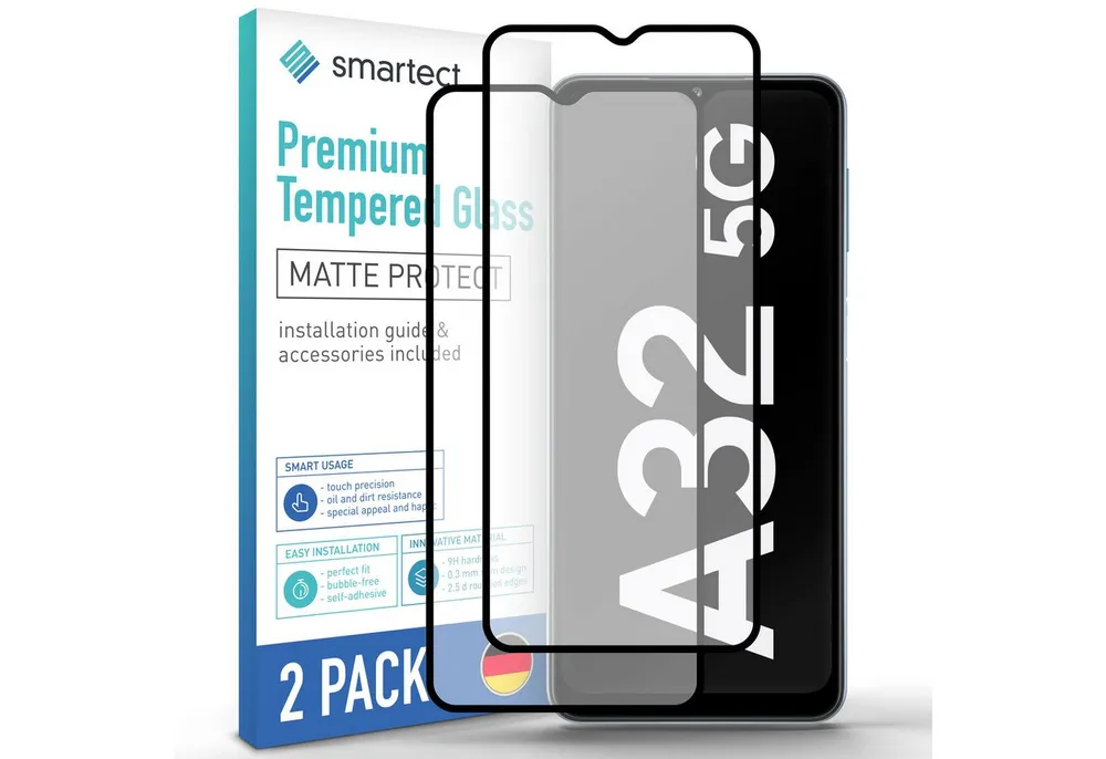 smartect Displayschutzglas Schutzglas Panzerfolie Full Screen Matt für Galaxy A32 5G, Set, 2 Stück, Schutzfolie Glasschutz Bildschirm
