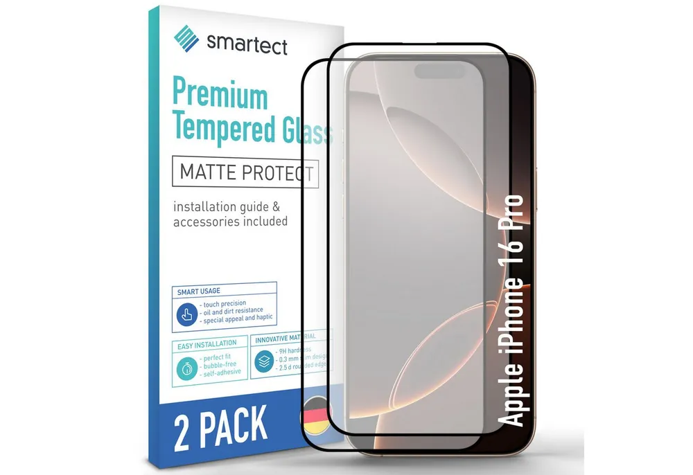smartect Displayschutzglas Schutzglas Panzerfolie Full Screen Matt für iPhone 16 Pro, Set, 2 Stück, Schutzfolie Glasschutz Bildschirm