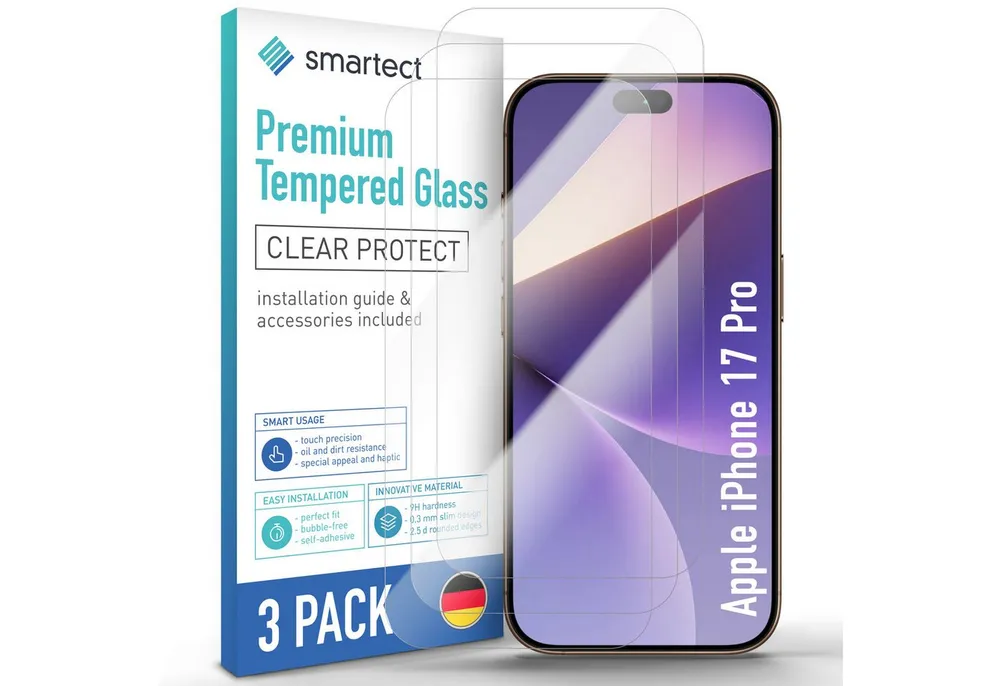 smartect Displayschutzglas Schutzglas Panzerfolie Klar für iPhone 17 Pro, Set, 3 Stück, Schutzfolie Glasschutz Bildschirm