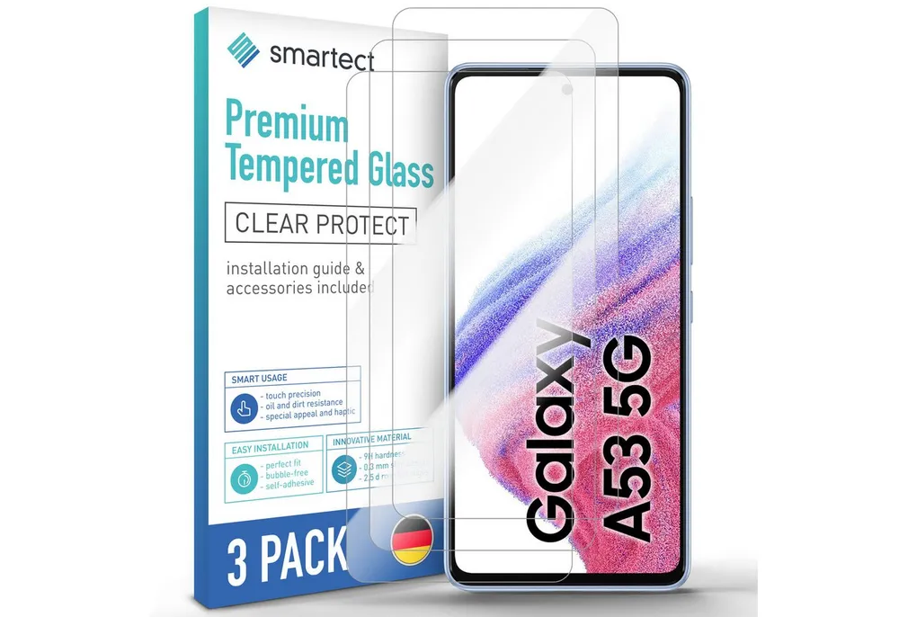 smartect Displayschutzglas Schutzglas Panzerfolie Klar für Samsung Galaxy A53 5G, Set, 3 Stück, Schutzfolie Glasschutz Bildschirm