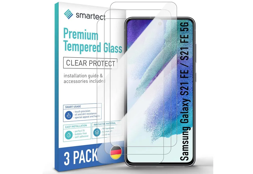 smartect Displayschutzglas Schutzglas Panzerfolie Klar für Samsung Galaxy S21 FE, Set, 3 Stück, Schutzfolie Glasschutz Bildschirm
