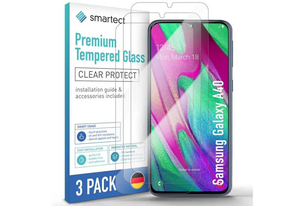 smartect Displayschutzglas Schutzglas Panzerfolie Klar für Samsung Galaxy A40, Set, 3 Stück, Schutzfolie Glasschutz Bildschirm