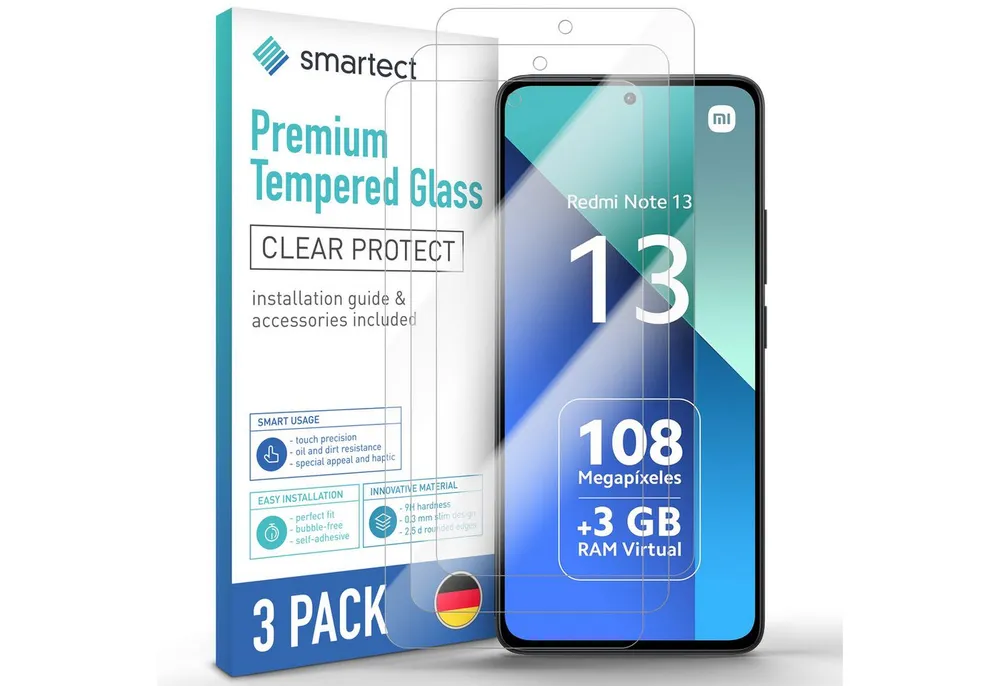 smartect Displayschutzglas Schutzglas Panzerfolie Klar für Xiaomi Redmi Note 13 4G, Set, 3 Stück, Schutzfolie Glasschutz Bildschirm