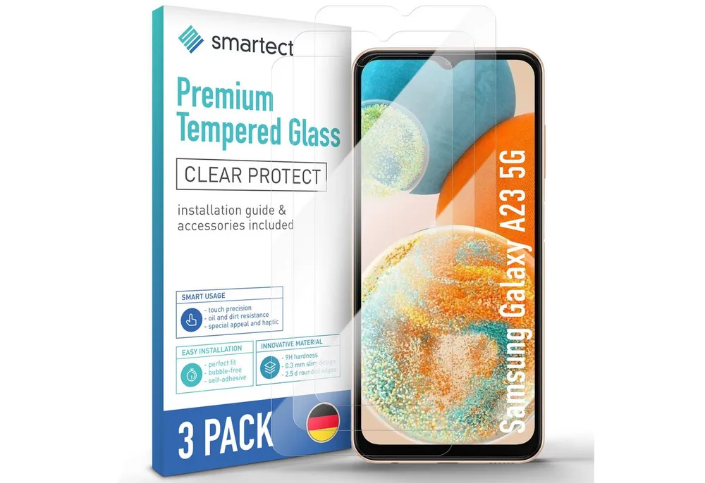 smartect Displayschutzglas Schutzglas Panzerfolie Klar für Samsung Galaxy A23 5G, Set, 3 Stück, Schutzfolie Glasschutz Bildschirm