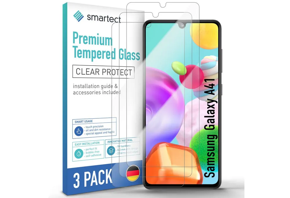 smartect Displayschutzglas Schutzglas Panzerfolie Klar für Samsung Galaxy A41, Set, 3 Stück, Schutzfolie Glasschutz Bildschirm