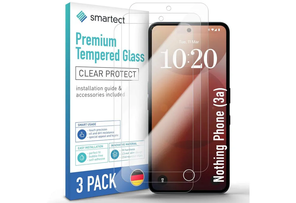 smartect Displayschutzglas Schutzglas Panzerfolie Klar für Nothing Phone (3a), Set, 3 Stück, Schutzfolie Glasschutz Bildschirm
