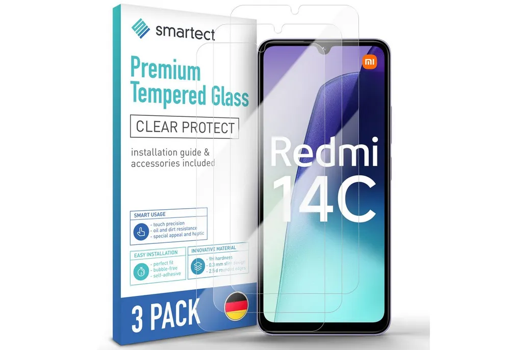 smartect Displayschutzglas Schutzglas Panzerfolie Klar für Xiaomi Redmi 14c / Poco C75, Set, 3 Stück, Schutzfolie Glasschutz Bildschirm