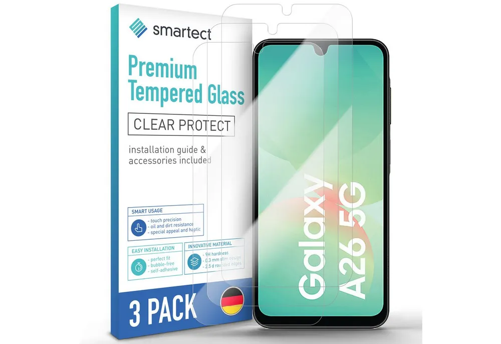 smartect Displayschutzglas Schutzglas Panzerfolie Klar für Samsung Galaxy A26 5G, Set, 3 Stück, Schutzfolie Glasschutz Bildschirm