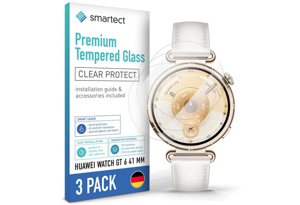 smartect Displayschutzglas Schutzglas Panzerfolie Klar für Huawei Watch GT 6 41 mm, Set, 3 Stück, Schutzfolie Glasschutz Bildschirm