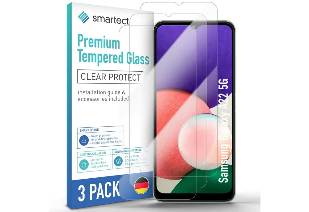 smartect Displayschutzglas Schutzglas Panzerfolie Klar für Galaxy A22 5G/ A22s 5G, Set, 3 Stück, Schutzfolie Glasschutz Bildschirm