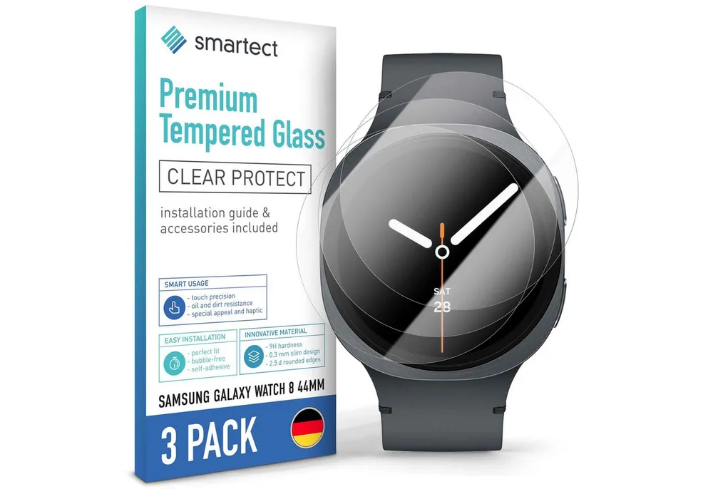 smartect Displayschutzglas Schutzglas Panzerfolie Klar für Galaxy Watch 8 44mm, Set, 3 Stück, Schutzfolie Glasschutz Bildschirm