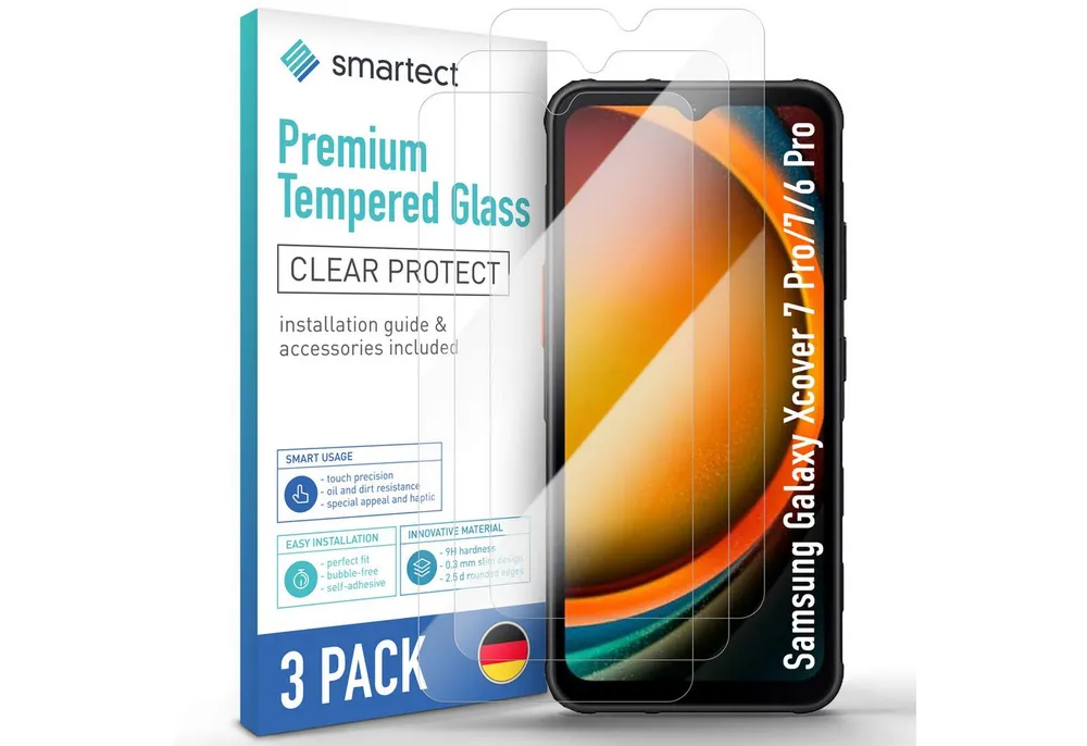 smartect Displayschutzglas Schutzglas Panzerfolie Klar für Samsung Galaxy Xcover 7 Pro / 7 / 6 Pro, Set, 3 Stück, Schutzfolie Glasschutz Bildschirm