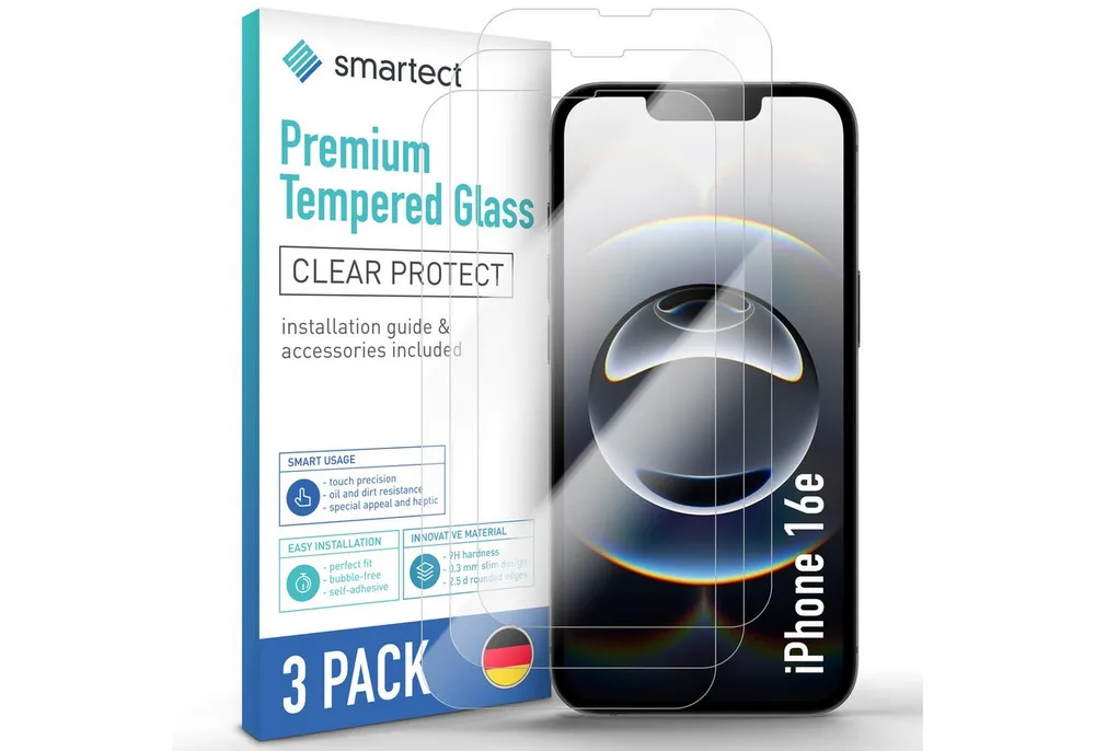smartect Displayschutzglas Schutzglas Panzerfolie Klar für iPhone 16e, Set, 3 Stück, Schutzfolie Glasschutz Bildschirm
