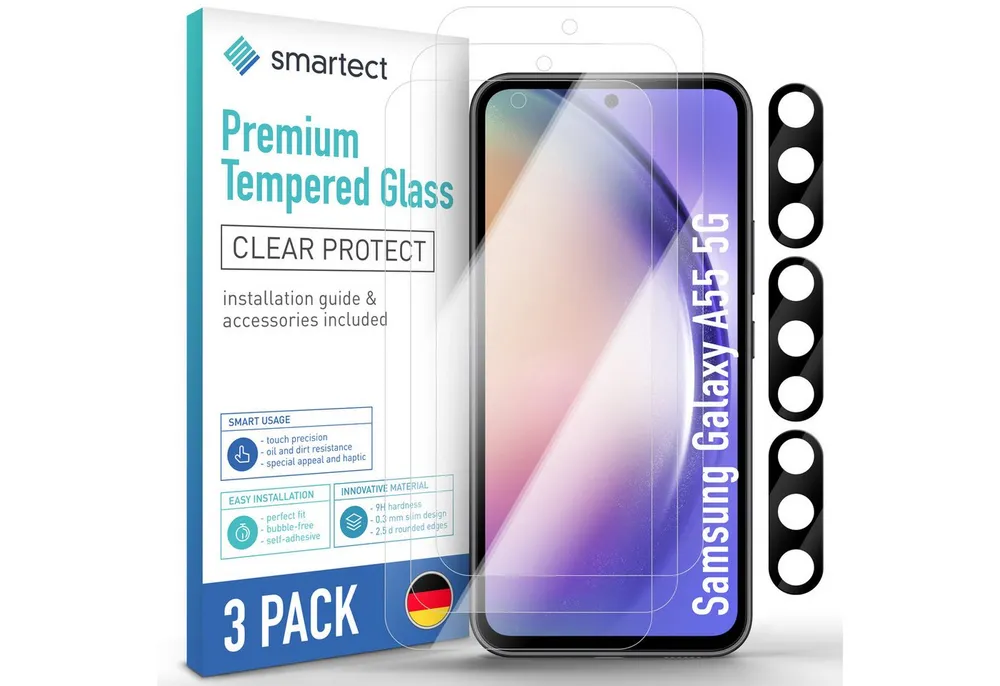 smartect Displayschutzglas Schutzglas Panzerfolie Klar für Galaxy A55 5G, Set, 3 Stück, (Display + Kamera) Schutzfolie Glasschutz