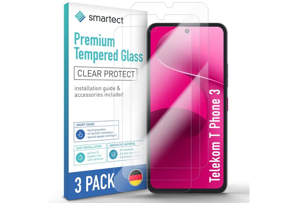 smartect Displayschutzglas Schutzglas Panzerfolie Klar für Telekom T Phone 3, Set, 3 Stück, Schutzfolie Glasschutz Bildschirm