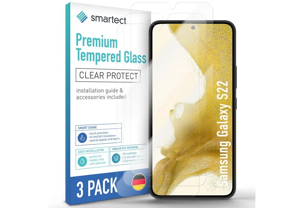 smartect Displayschutzglas Schutzglas Panzerfolie Klar für Samsung Galaxy S22, Set, 3 Stück, Schutzfolie Glasschutz Bildschirm