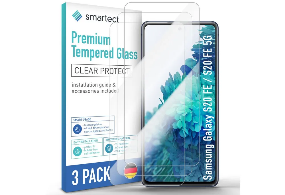 smartect Displayschutzglas Schutzglas Panzerfolie Klar für Samsung Galaxy S20 FE, Set, 3 Stück, Anti-Fingerabdruck, 9H Härte, kratzfest