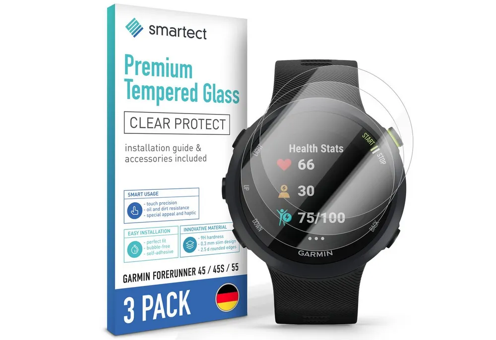 smartect Displayschutzglas Schutzglas Panzerfolie Klar für Garmin Forerunner 45 / 45s / 55, Set, 3 Stück, Schutzfolie Glasschutz Bildschirm