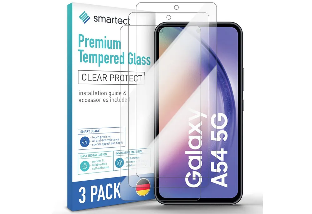 smartect Displayschutzglas Schutzglas Panzerfolie Klar für Samsung Galaxy A54 5G, Set, 3 Stück, Schutzfolie Glasschutz Bildschirm