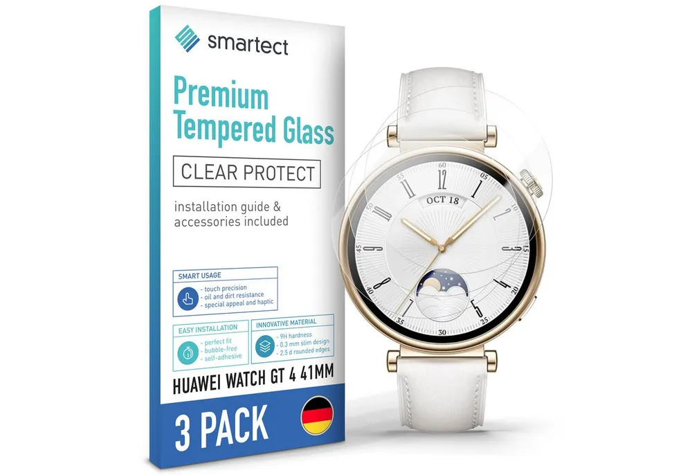 smartect Displayschutzglas Schutzglas Panzerfolie Klar für Huawei Watch GT 4 41mm, Set, 3 Stück, Schutzfolie Glasschutz Bildschirm